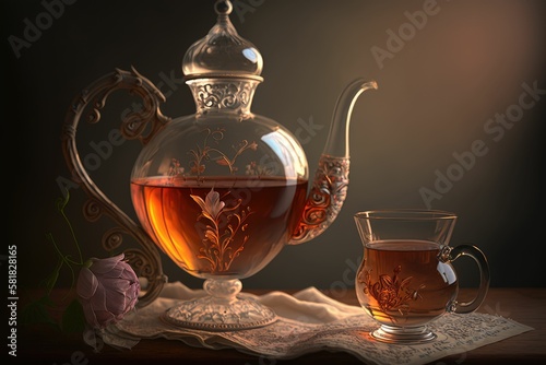 Transparent glass teapot and a cup filled with tea. Generative AI.
