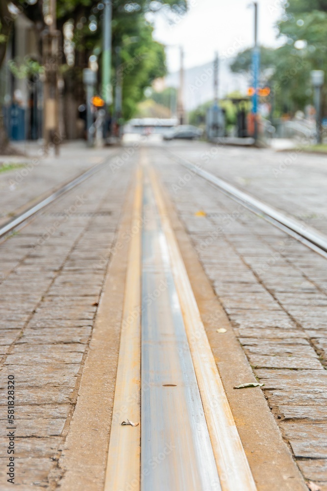 Vertical closeup shot of empty VLT rails in downtown Rio de Janeiro, Brazil