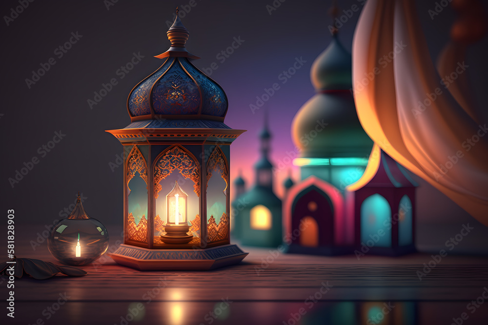 A night in Ramadan. A colorful mosque and a lantern with glowing evening light. 3d rendering made with Generative AI