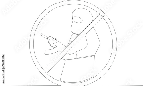 A sign of the use of terrorist clothing and pistols. Anti-terrorism day one line drawing