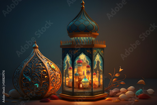 A night in Ramadan. A colorful mosque and a lantern with glowing evening light. 3d rendering made with Generative AI