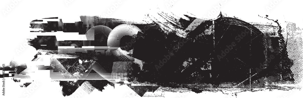 Glitch distorted grungy isolated banner . Design element for brochure, social media, posters, flyers. Overlay texture.Textured banner with Distress effect .Vector halftone dots . Screen print texture Glitch distorted grungy isolated banner . Design element for brochure, social media, posters, flyers. Overlay texture.Textured banner with Distress effect .Vector halftone dots . Screen print texture