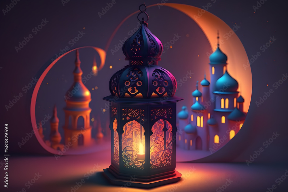 A night in Ramadan. A colorful mosque and a lantern with glowing evening light. 3d rendering made with Generative AI