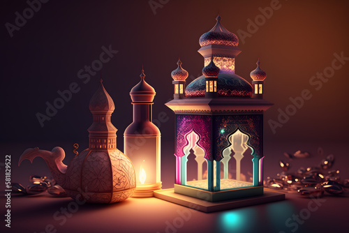A night in Ramadan. A colorful mosque and a lantern with glowing evening light. 3d rendering made with Generative AI