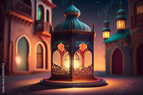 A night in Ramadan. A colorful mosque and a lantern with glowing evening light. 3d rendering made with Generative AI