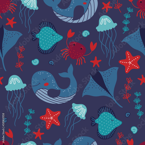 Ocean seamless pattern with whale, crab, jellyfish, starfish, shell, stingray