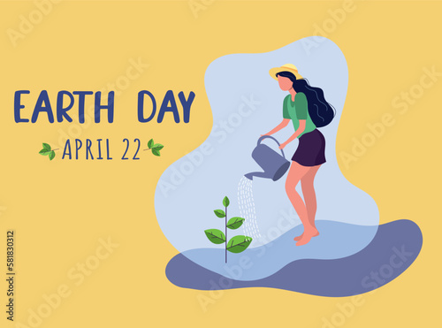 Earth Day with a girl in shorts watering a plant in flat style