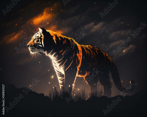 A Tiger burning brightly in the night sky. Zodiac Astrology concept. AI generation.