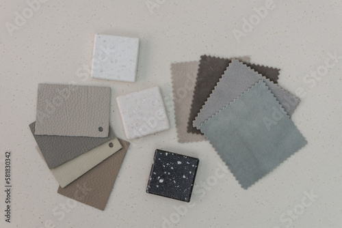 Interior design mood board with leather, fabric and acrylic solid surface samples.