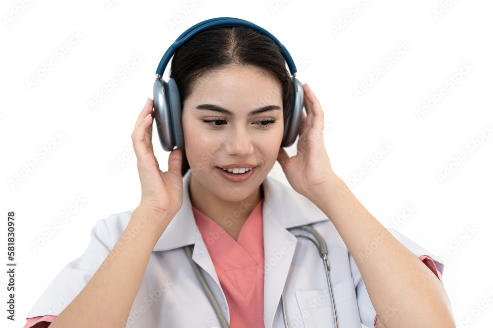 Happy doctor caucasian woman use headphone on isolated white background Happy doctor caucasian woman use headphone on isolated white background