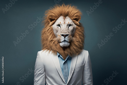 The white lion in a business suit  commanding attention. Generative AI