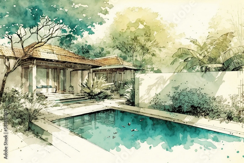 Swimming pool in tropical garden. pool villa. generative ai
