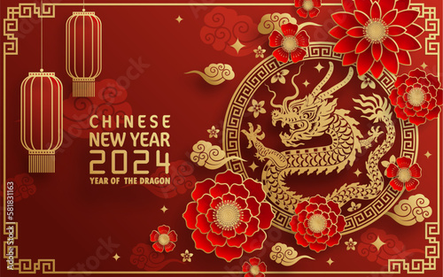 Obraz na płótnie Happy chinese new year 2024 year of the chinese dragon zodiac with on color Background