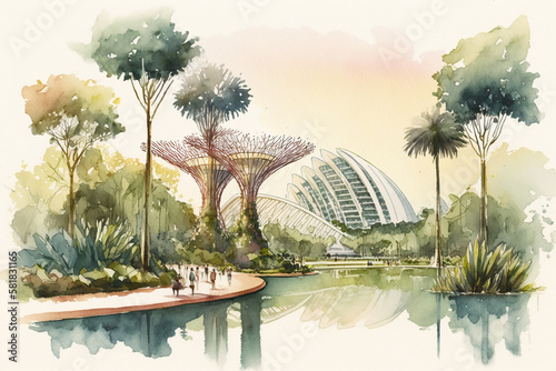 Landscape gardens by bay in Singapore city. generative ai