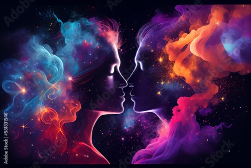 A Couple Man And Woman Kissing On Colorful Background With Stars And Smoke, Digital Illustration. Generative AI