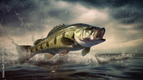 Largemouth Bass Jumping Out of Stream created with Generative AI Technology, ai, generative