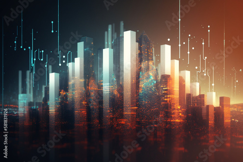 Financial investment concept. Double exposure of city and stack of finance investor  Forex trading  Cryptocurrency Digital economy by generative AI