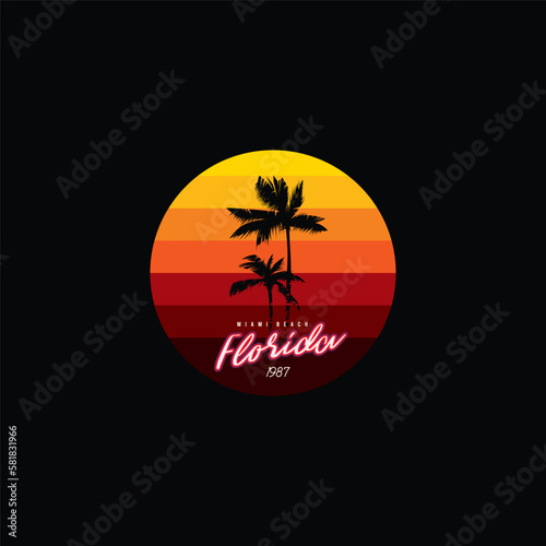 Vintage round sunset in the style of the 80s. Vector background. A design element.