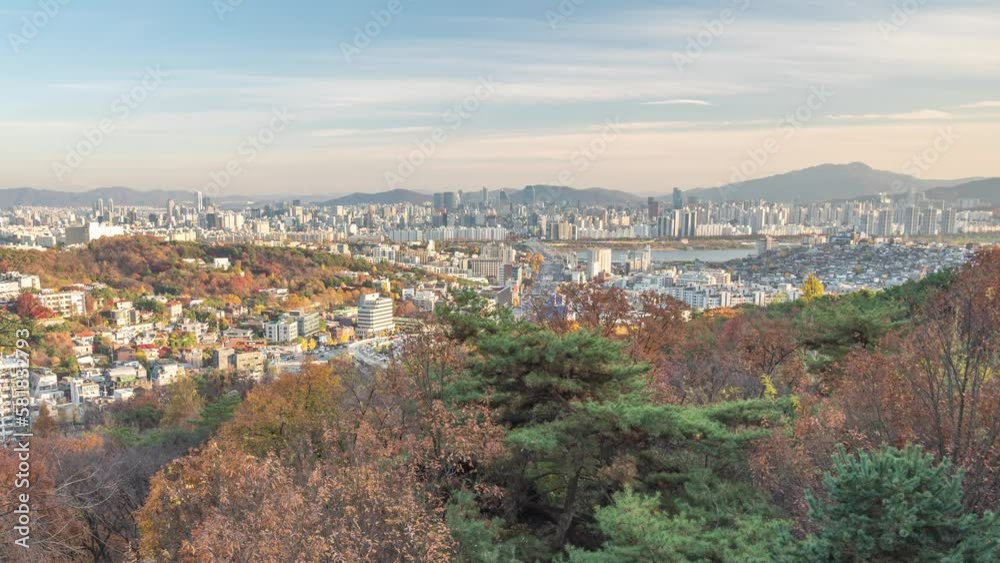 Seoul South Korea time lapse 4K, city skyline timelapse at Seoul city center and Han River view from Namsan Mountain in autumn Seoul South Korea time lapse 4K, city skyline timelapse at Seoul city center and Han River view from Namsan Mountain in autumn