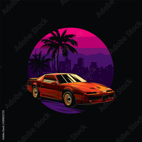 Original vector illustration in vintage style. Bright design in the spirit of the 80-90s. Retro car on the background of palm trees, mountains and the night city. T-shirt design. © artmarsa