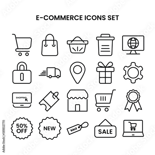 E-commerce online shopping stroke line icons set with black color, cart, online things set icons