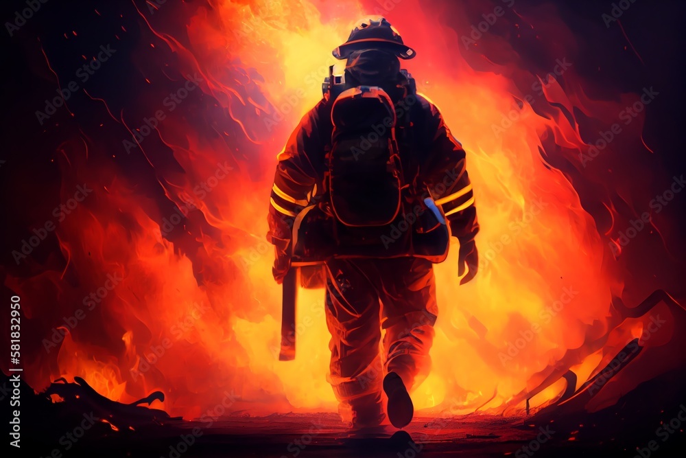 Firefighter On Fire Going To Save. Generative AI