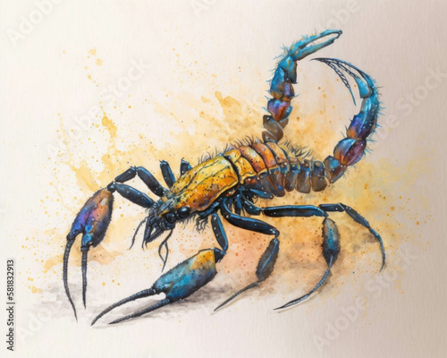 A vibrant painting of a scorpion with its tail arching up in an elegant shape Zodiac Astrology concept. AI generation.