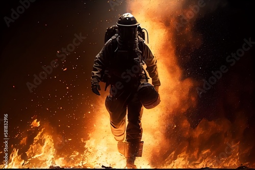 Firefighter On Fire Going To Save. Generative AI