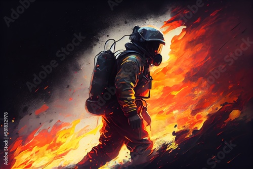 Firefighter On Fire Going To Save. Generative AI