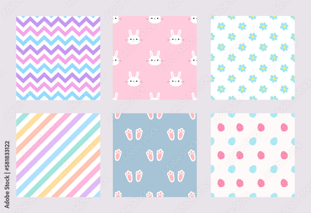 Lovely hand-drawn Easter seamless pattern, cute doodle eggs, pastel color, bunny, great for textiles, banners, wallpaper, wrapping - vector design Happy Easter Egg Hunt Texture Pattern Set