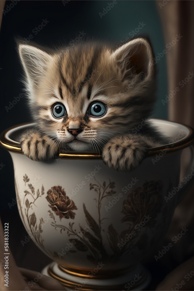 Adorable Kitten in an Antique Tea Cup. Grey tabby Kitten with blue eyes
