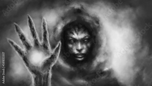 Evil witch exile 2D illustration. Dark goddess of chaos. Horror fantasy genre. Gothic cruel woman with creepy eyes. Scary ghost in haze. Gloomy drawn character cover. Black and white background color.