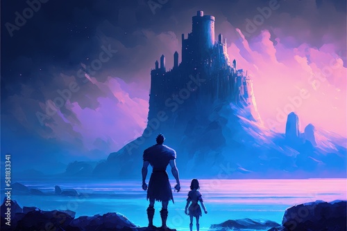 In the darkness, a father and daughter behold mysterious fortresses outlined against a glowing world. Illustration painting. Generative AI