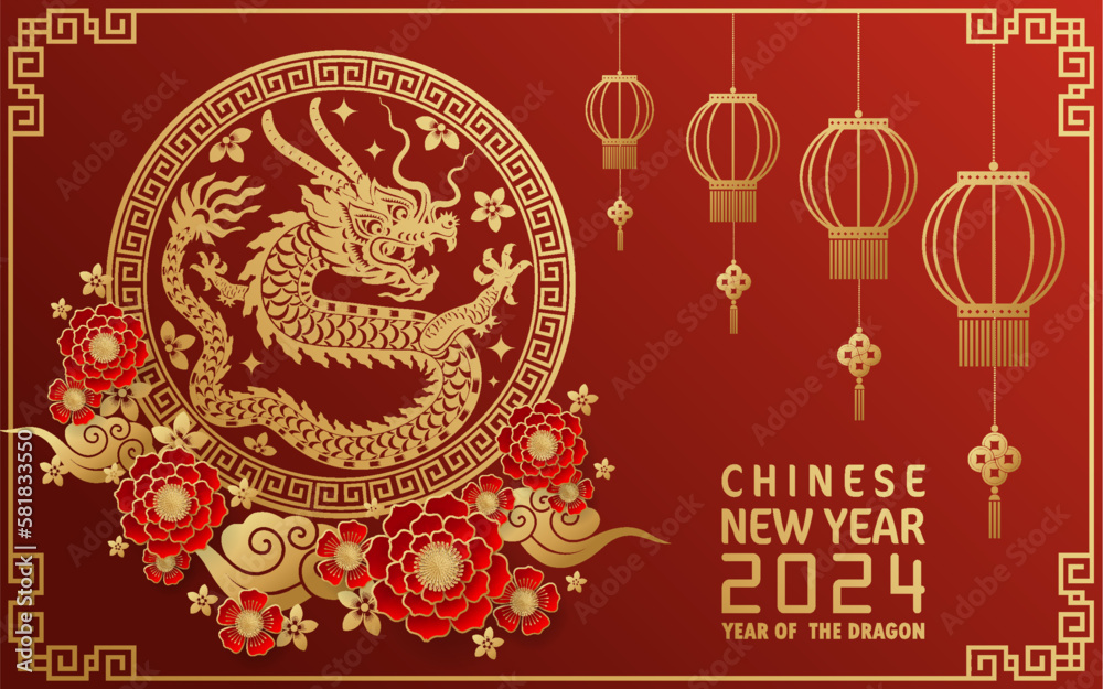 Fototapeta premium Happy chinese new year 2024 year of the chinese dragon zodiac with on color Background. ( Translation : happy new year, chinese dragon )