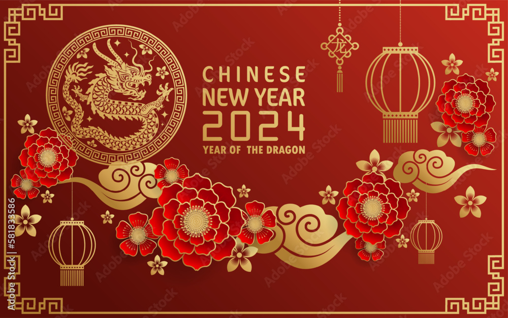 Happy chinese new year 2024 year of the chinese dragon zodiac with on color Background. ( Translation : happy new year, chinese dragon )