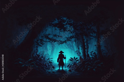 With a torch emanating a brilliant blue light, a pirate navigates through the depths of a dark forest. Fantasy concept , Illustration painting. Generative AI © X-Poser