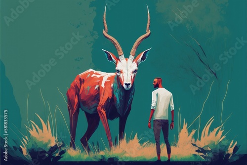 A boy standing near springbok  against the backdrop of a forest. Fantasy concept , Illustration painting. Generative AI photo