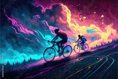 A couple in love rides a bicycle through a night sky filled with vibrant, colorful clouds. Fantasy concept , Illustration painting. Generative AI