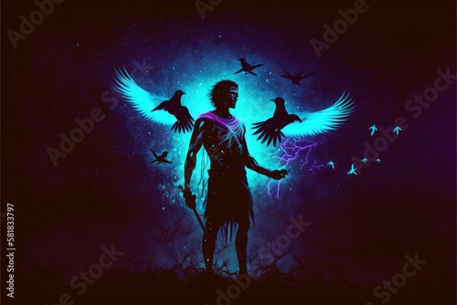 A cryptic man holds birds that emanate a luminous glow in his grasp. Fantasy concept , Illustration painting. Generative AI