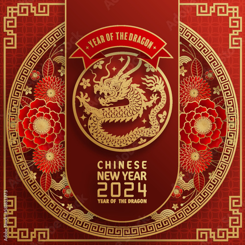 Happy chinese new year 2024 year of the chinese dragon zodiac with on color Background. ( Translation : happy new year, chinese dragon )