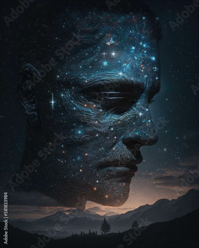 A curious figure laid across the face of the night sky mapping out the constellations and seeking insight. Zodiac Astrology concept. AI generation.
