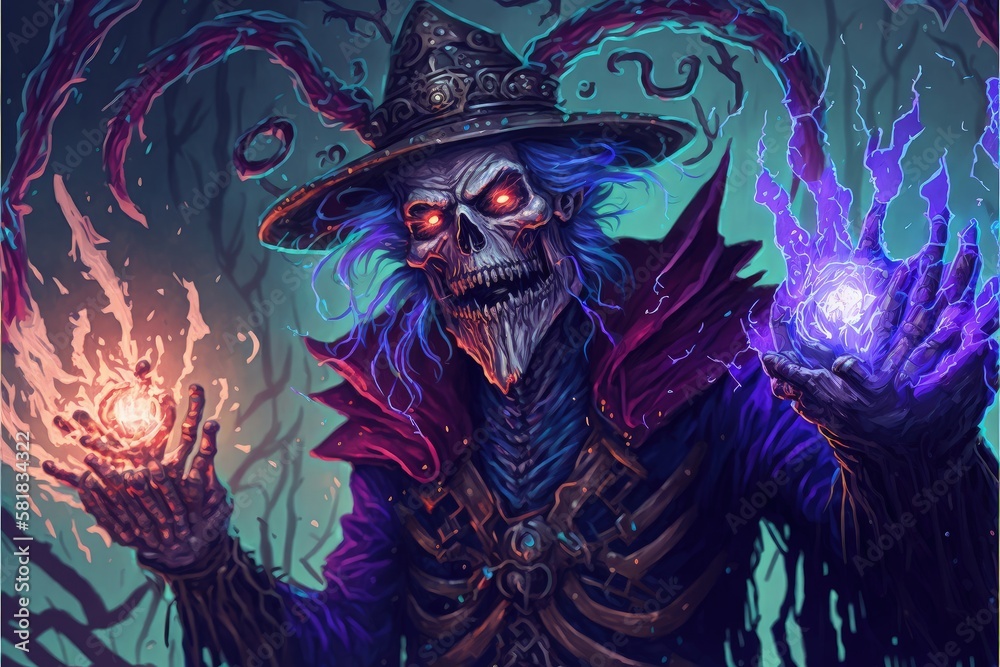 A reanimated wizard performing an incantation. Fantasy concept , Illustration painting. Generative AI A reanimated wizard performing an incantation. Fantasy concept , Illustration painting. Generative AI