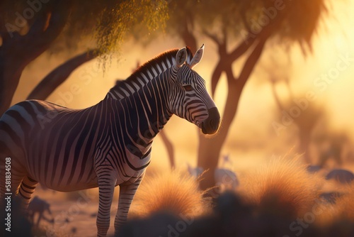 Zebra in savanna at sunset. Generative AI.