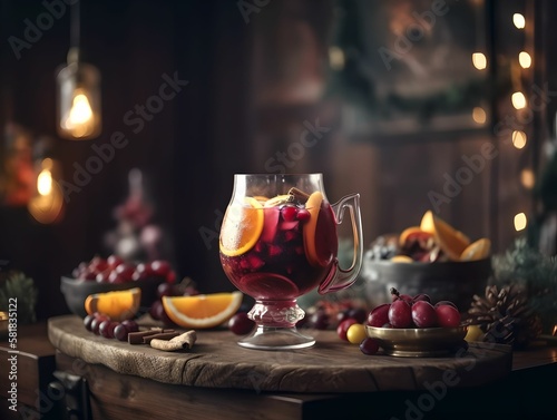 cocktail on a rustic wooden table in a bustling bar. The drink is an artful blend of colors and flavors  garnished with fresh fruit and herbs inside glass.