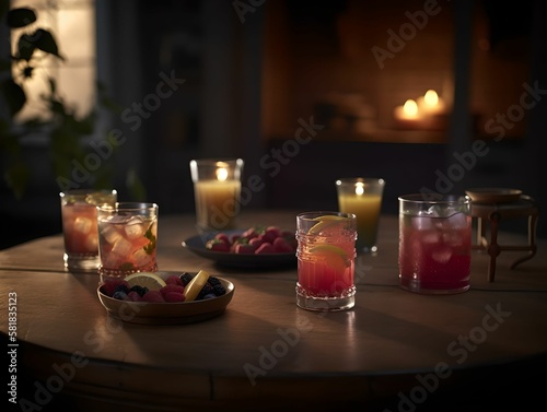 cocktail on a rustic wooden table in a bustling bar. The drink is an artful blend of colors and flavors, garnished with fresh fruit and herbs inside glass.