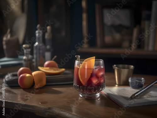 cocktail on a rustic wooden table in a bustling bar. The drink is an artful blend of colors and flavors, garnished with fresh fruit and herbs inside glass.