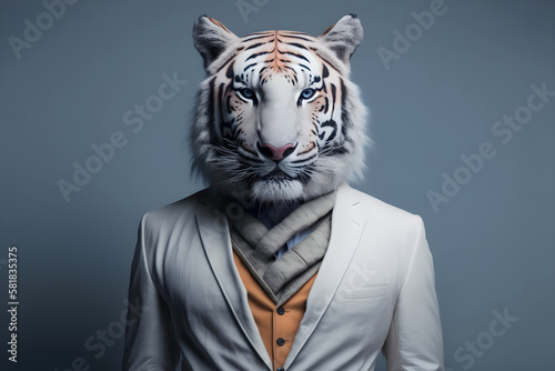 The white tiger in a business suit  fierce and focused  creative stock image of animals in business suit. Generative AI