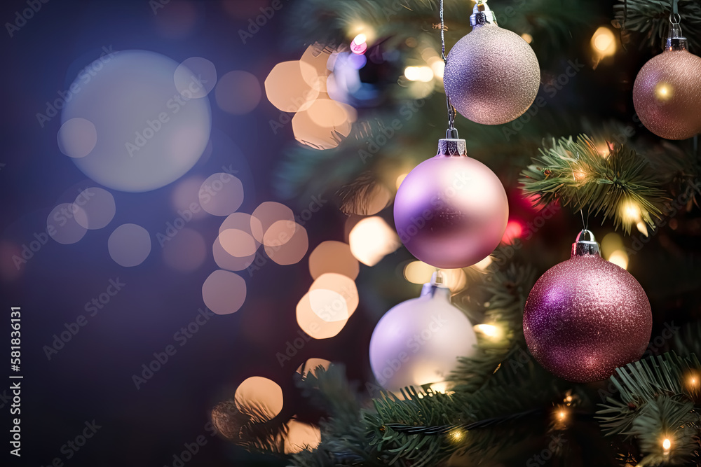 Christmas Tree With Baubles And Blurred Shiny Light. 
- Warm, cozy, magical, enchanting, sparkling, twinkling, shimmering, luminous, ornaments, decorations, wreaths, 
