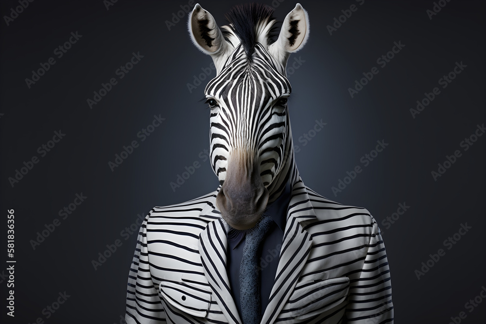 The zebra in a business suit - ready to tackle the corporate world, creative stock image of animals in business suit. Generative AI