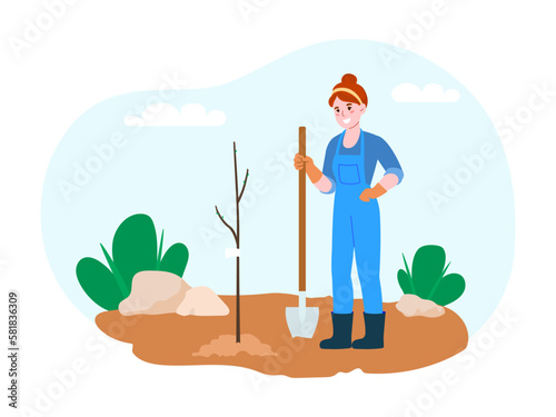 Planting seedlings. A gardener with a shovel is planting a tree. Spring work in the garden. Floriculture